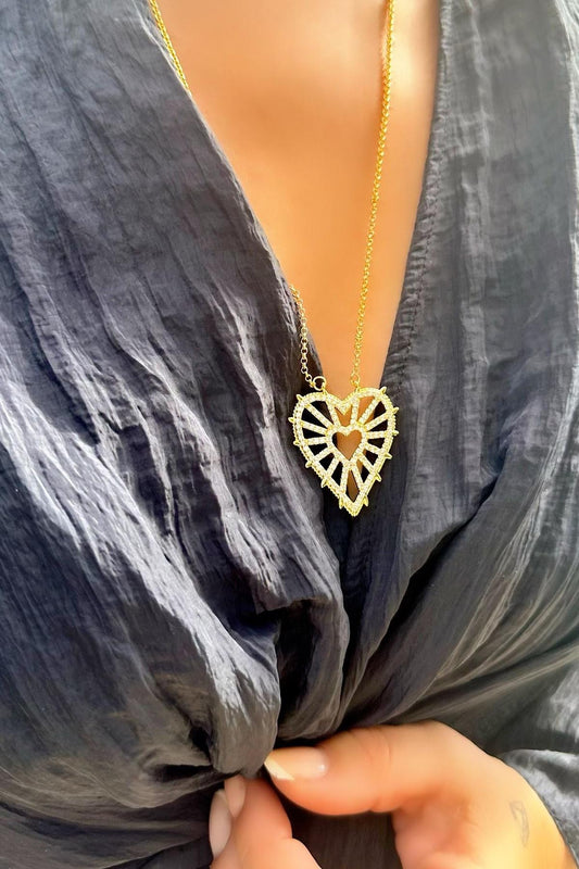 Zirkon Taş Detaylı Çelik Kalp Uzun Kolye (65cm)