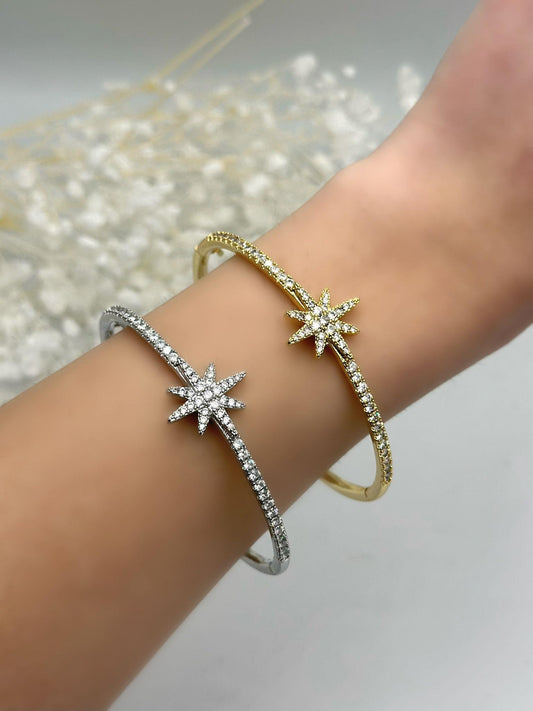 Zirkon Taş Detaylı Kutup Yıldızı Kelepçe (Çelik)