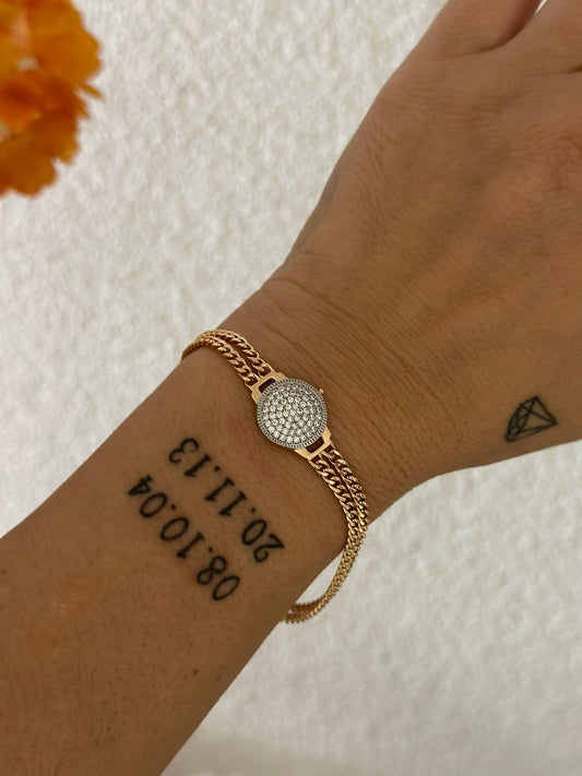 Zirkon Taş Detaylı Rose Gold Zincir Unisex Çelik Bielklik