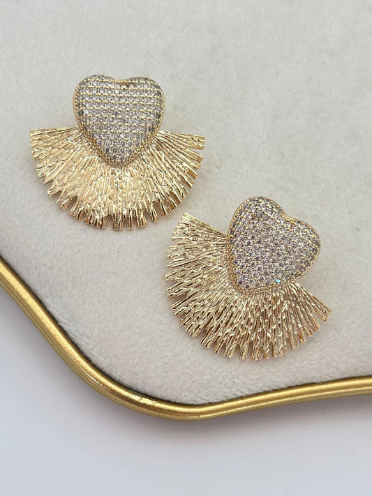 Zirkon Taş Detaylı Yelpaze Küpe (Pirinç Kaplama)