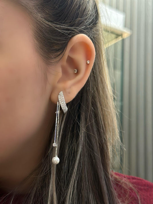 Zirkon Taş Ve İnci detay Sallantılı Çelik Küpe