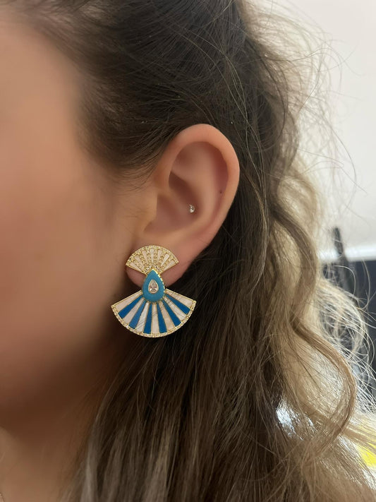 Zirkon Taş Ve Mavi Çizgi Tasarım Detay Küpe