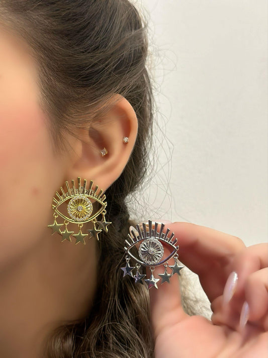 Zirkon Taş Yıldız Ve Şimsek Detay Göz Küpe (Çelik)