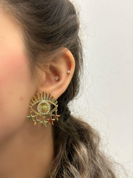 Zirkon Taş Yıldız Ve Şimsek Detay Göz Küpe (Çelik)