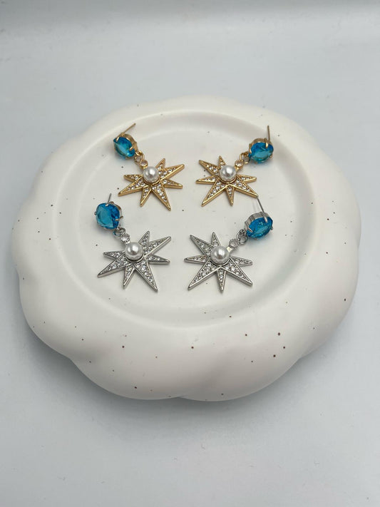 Zirkon ve Mavi Baget Taş Detaylı Yıldız Sallantılı Küpe